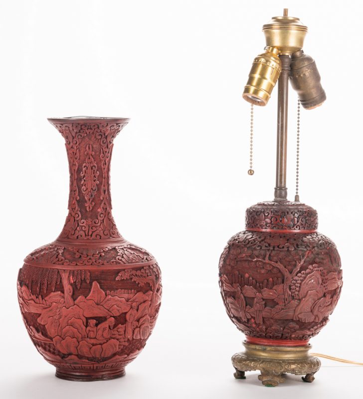 Lot 32: Cinnabar Lacquer Lamp & Vase, 2 items