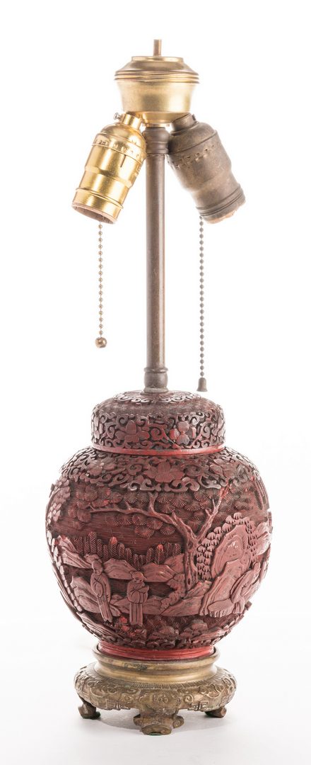 Lot 32: Cinnabar Lacquer Lamp & Vase, 2 items