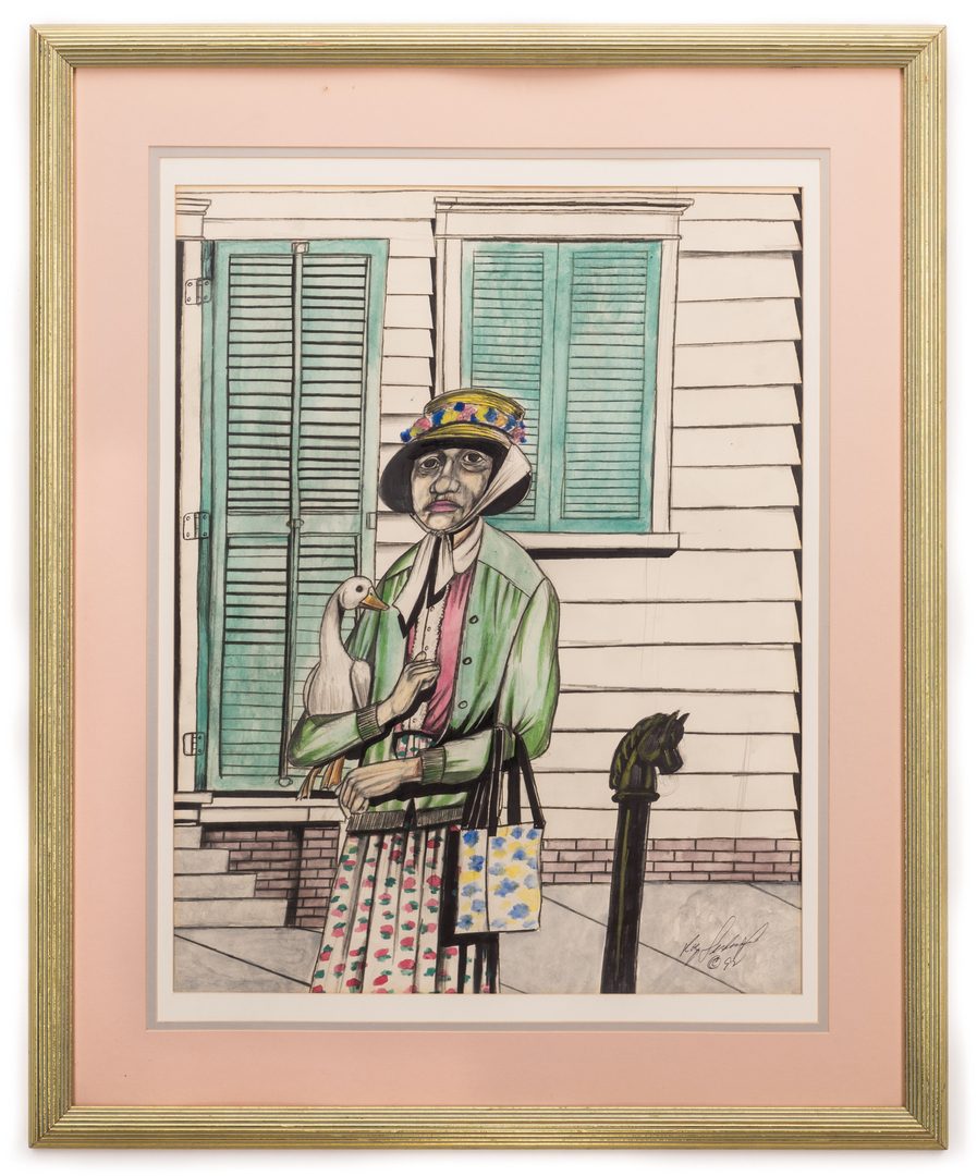Lot 339: Roy Ferdinand Folk Art Painting, Woman with Goose