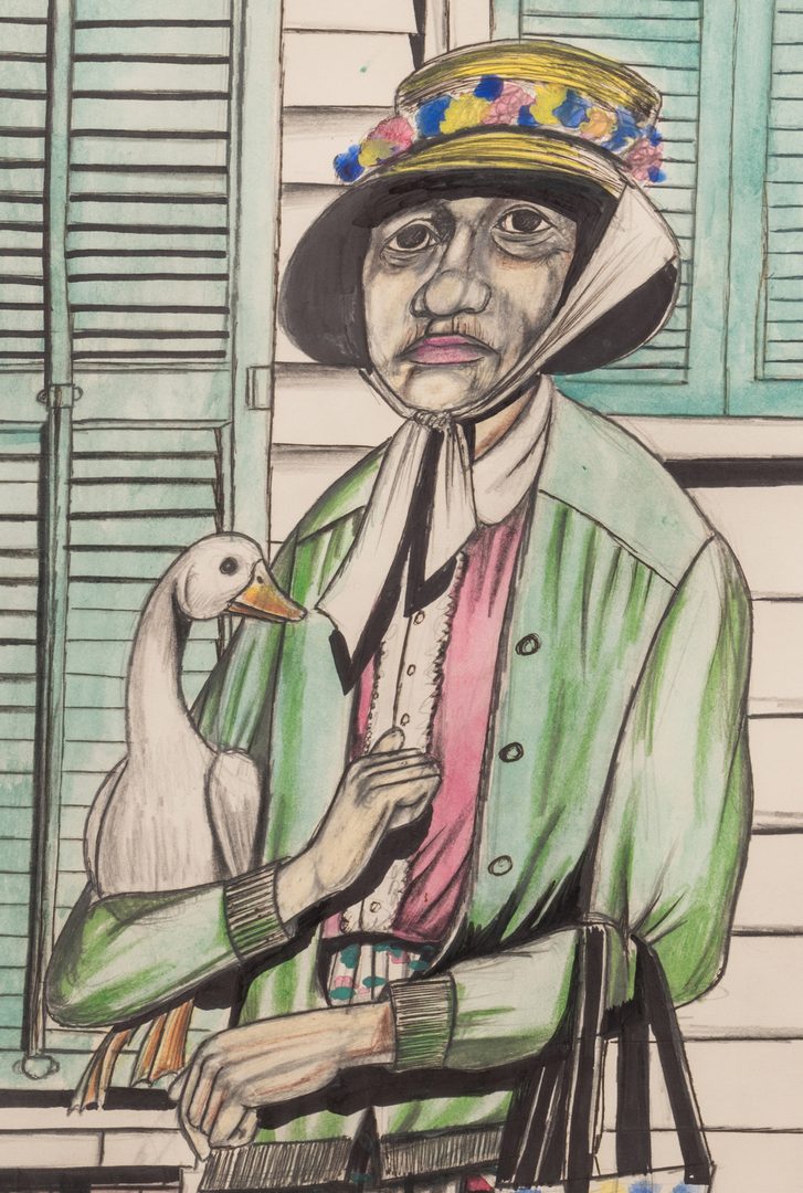 Lot 339: Roy Ferdinand Folk Art Painting, Woman with Goose