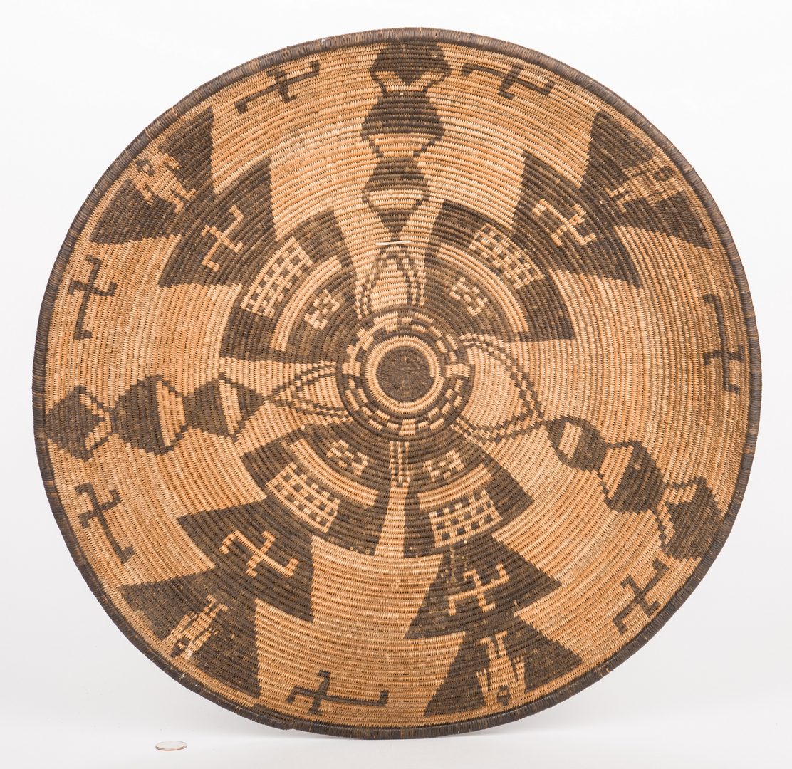 Lot 385: Large Apache Tray Basket w/ Figures; Crosses