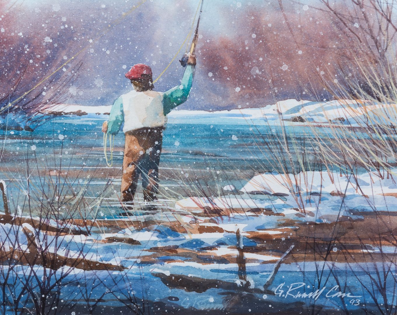Lot 408: G. Russell Case Watercolor, Fly Fishing Scene