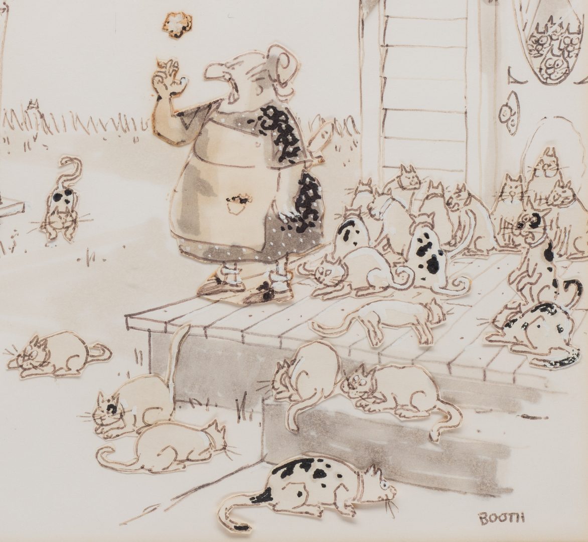 Lot 467: George Booth original illustration for New Yorker, "Let's Swap Some Cats"
