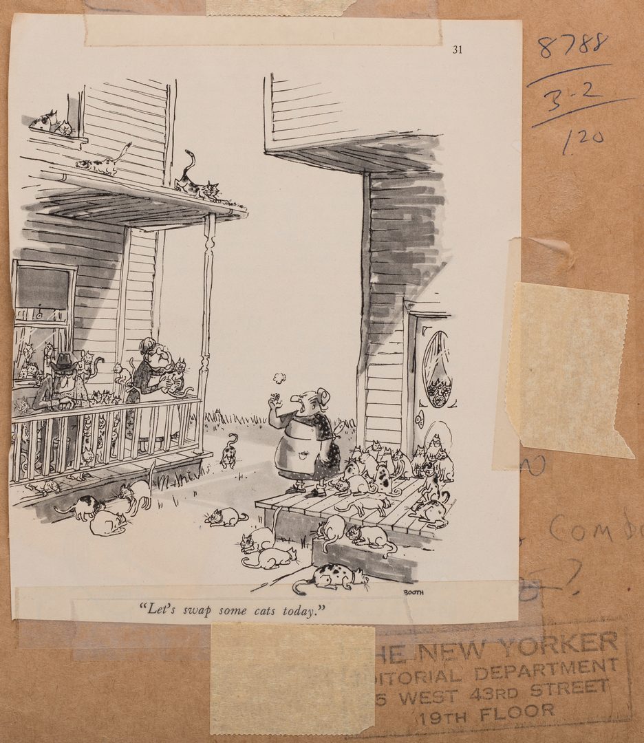 Lot 467: George Booth original illustration for New Yorker, "Let's Swap Some Cats"