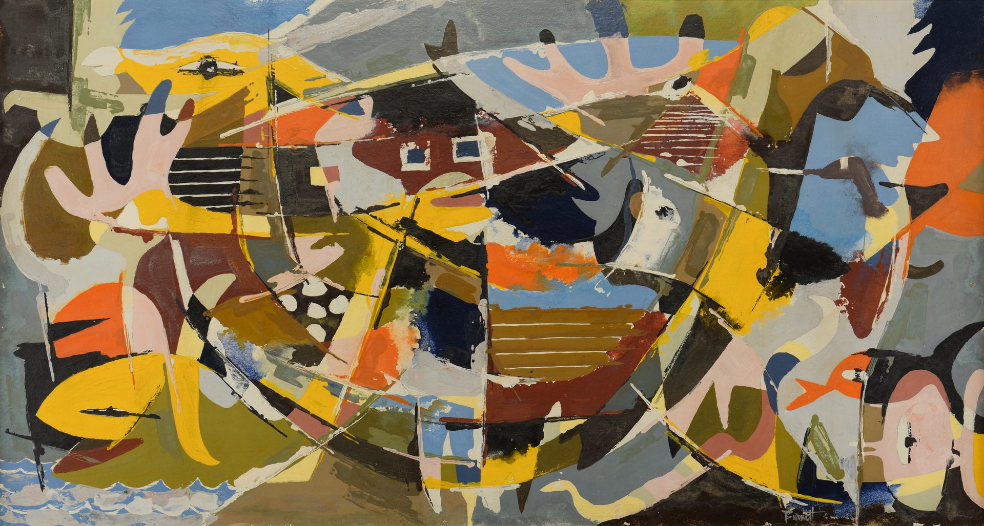 Lot 490: Ted Burnett Cubist Painting, Noah's Ark