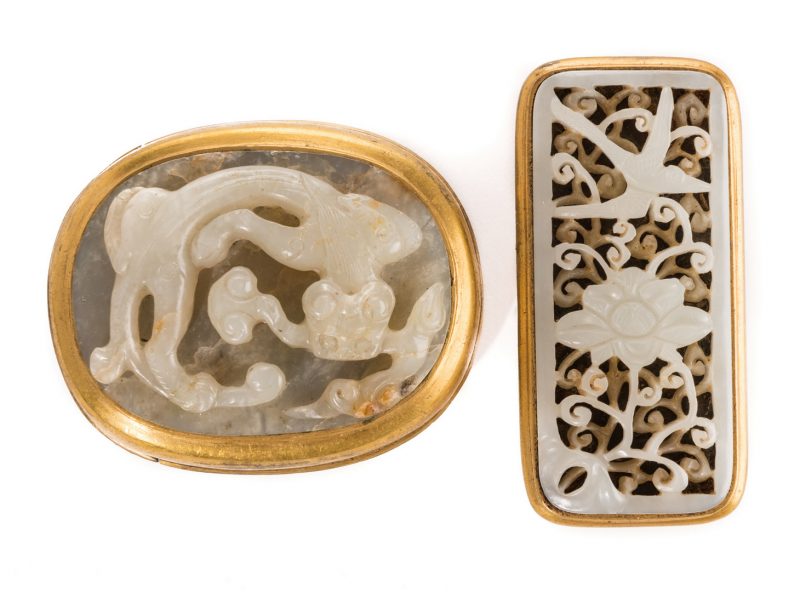 Lot 4: 2 Chinese Jade & Gilt Bronze Belt Ornaments