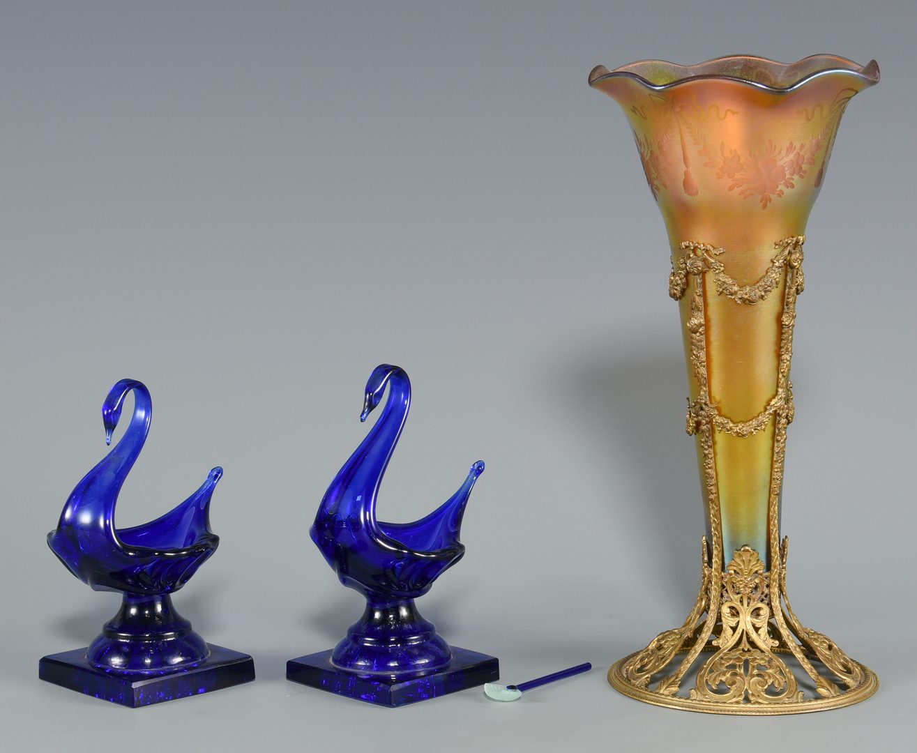 Lot 520: Bronze Mounted Art Glass Vase & 2 Cobalt Glass Swan Salts, 4 items