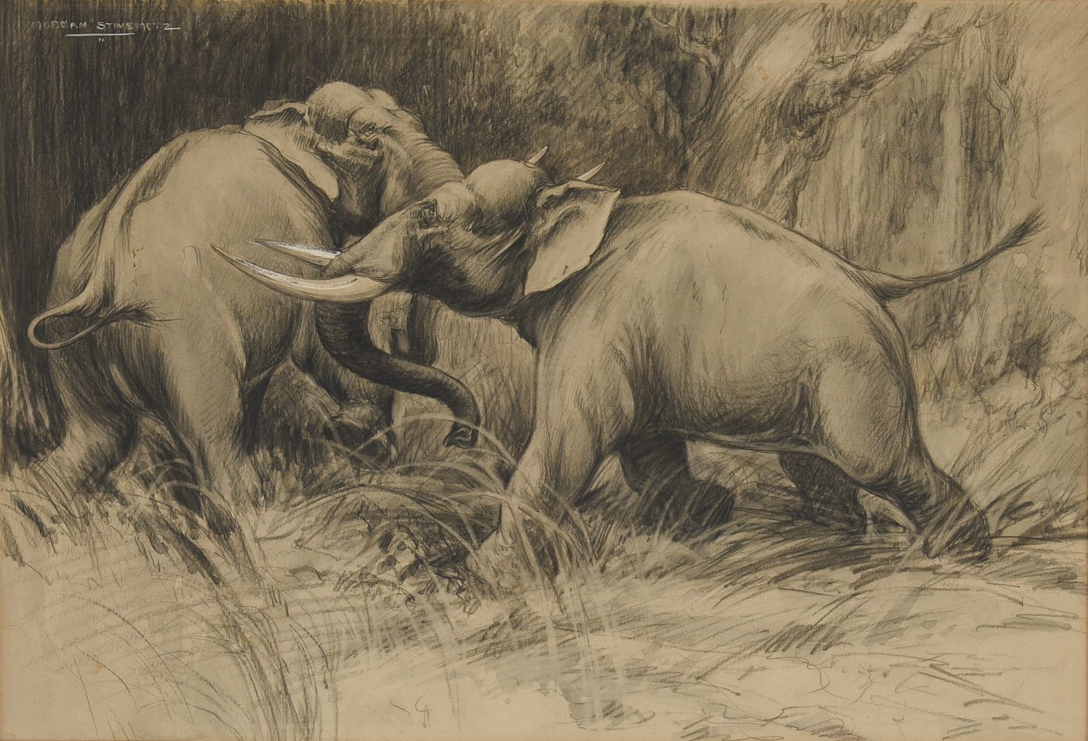 Lot 571: Morgan Stinemetz drawing, elephants