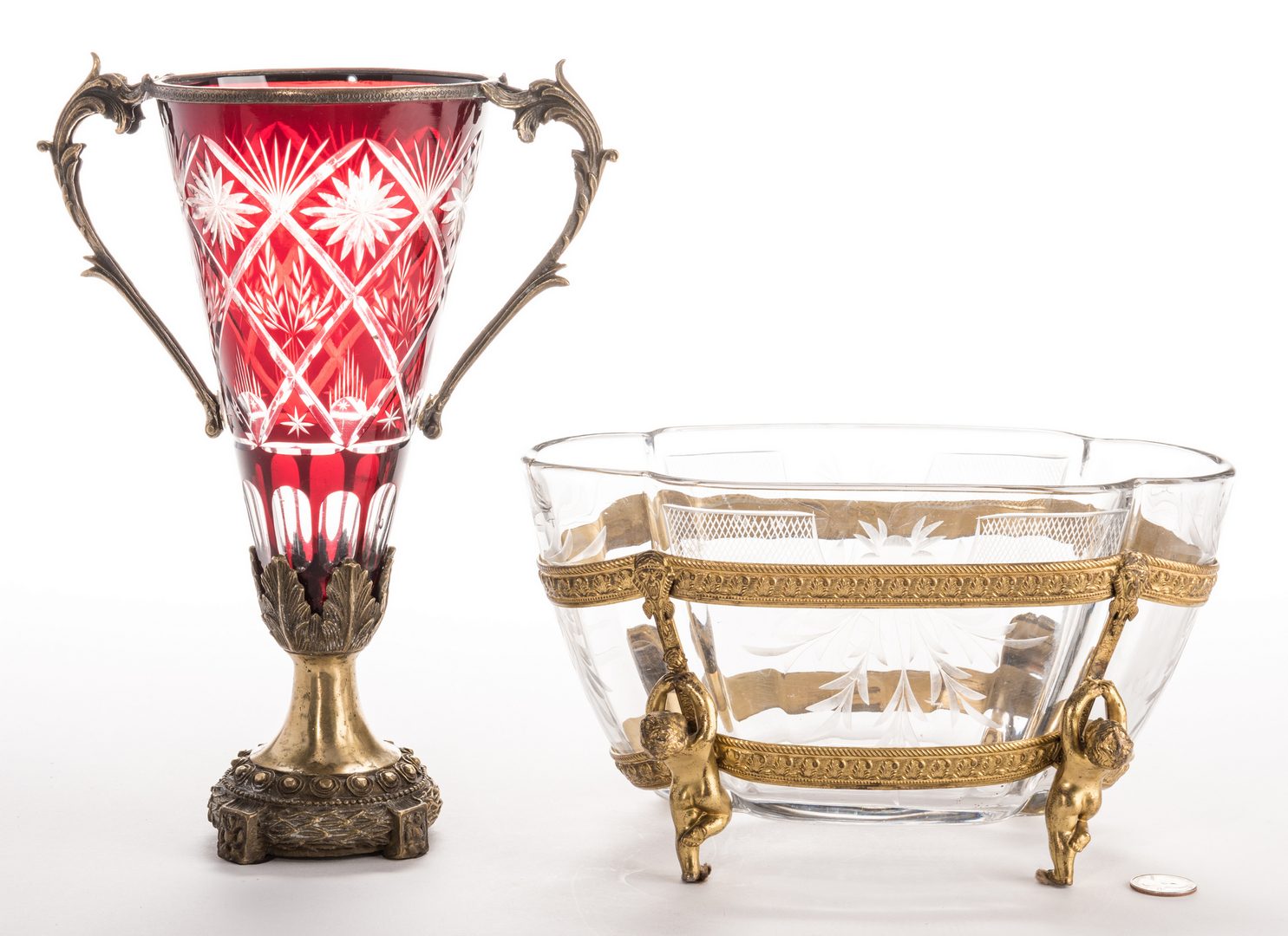 Lot 632: Gilt Bronze & Cut Glass Centerpiece and Vase, 2 items