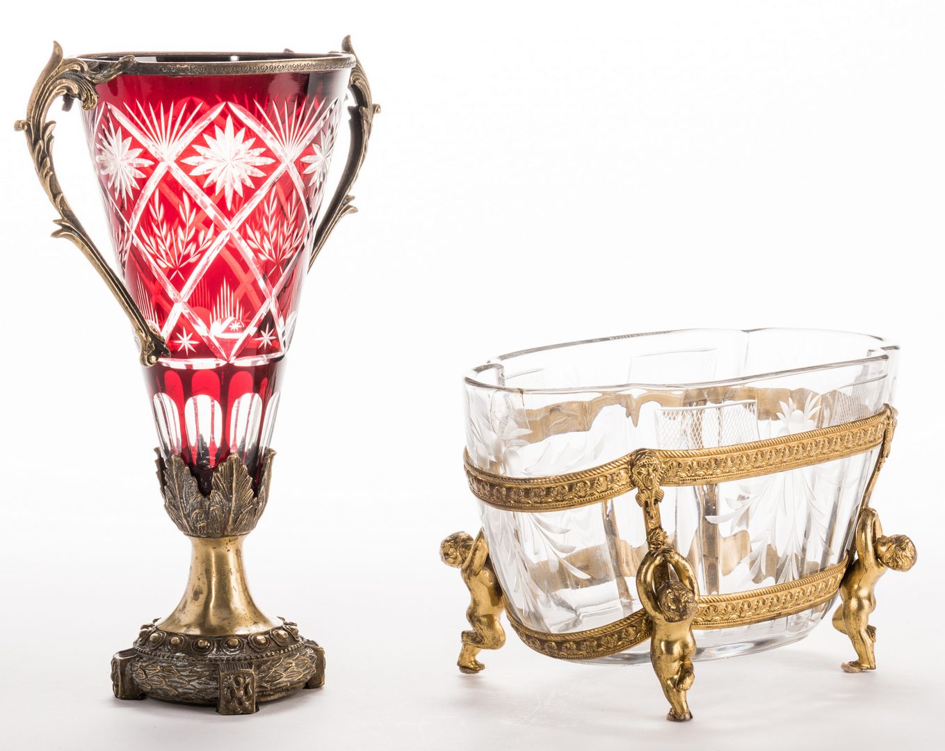 Lot 632: Gilt Bronze & Cut Glass Centerpiece and Vase, 2 items