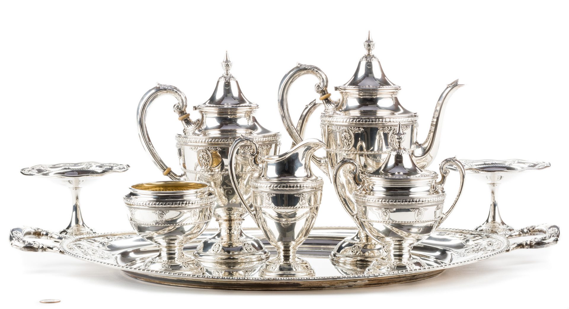 Lot 65: Wallace Sterling Rose Point Tea Service & Tray, 8 pcs