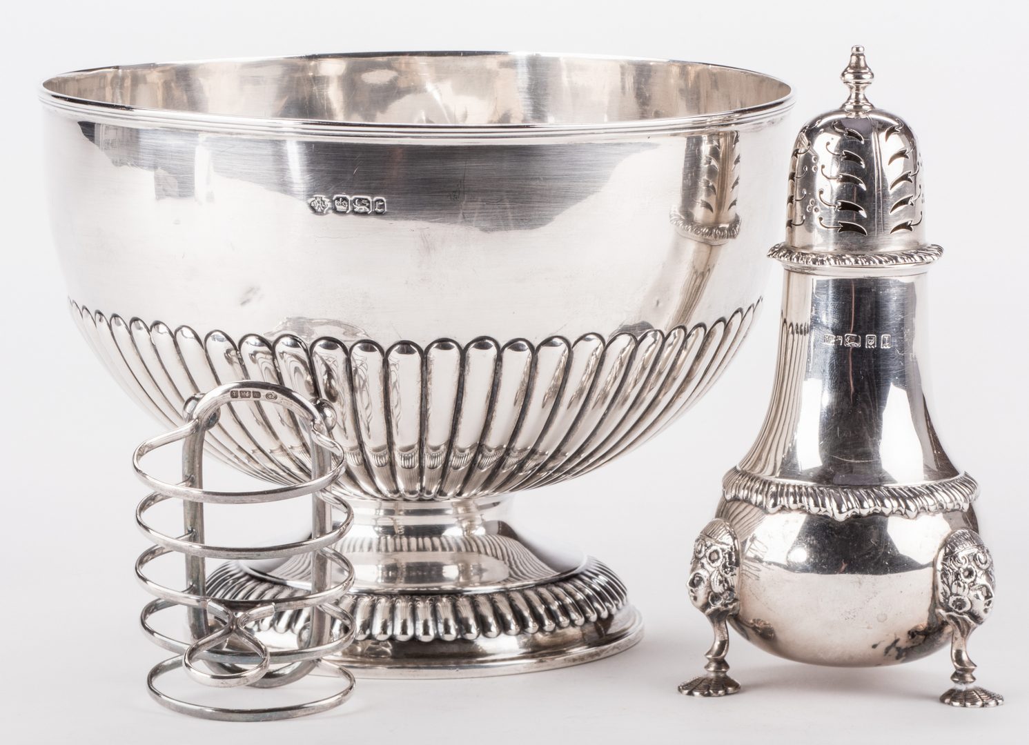 Lot 682: 3 English Sterling Serving Items, Caster, Bowl, & Toast Rack