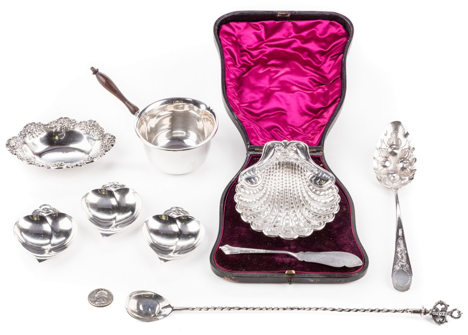 Lot 702: 9 Pieces silver inc. Tiffany and Cased Sterling Shell Dish