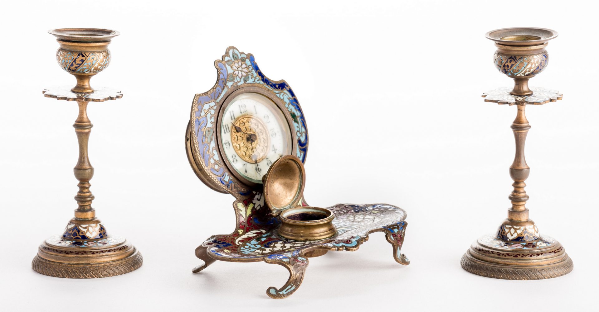 Lot 722: Champleve Inkwell/Clock and Candlesticks