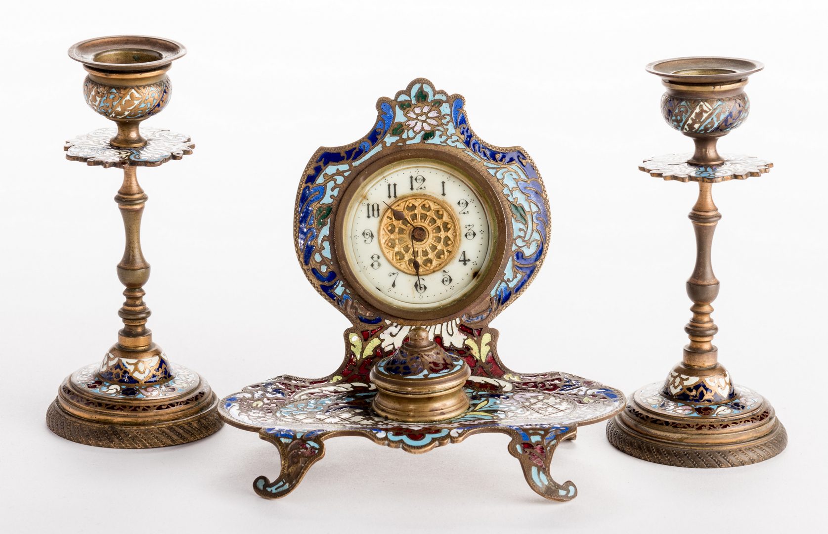 Lot 722: Champleve Inkwell/Clock and Candlesticks