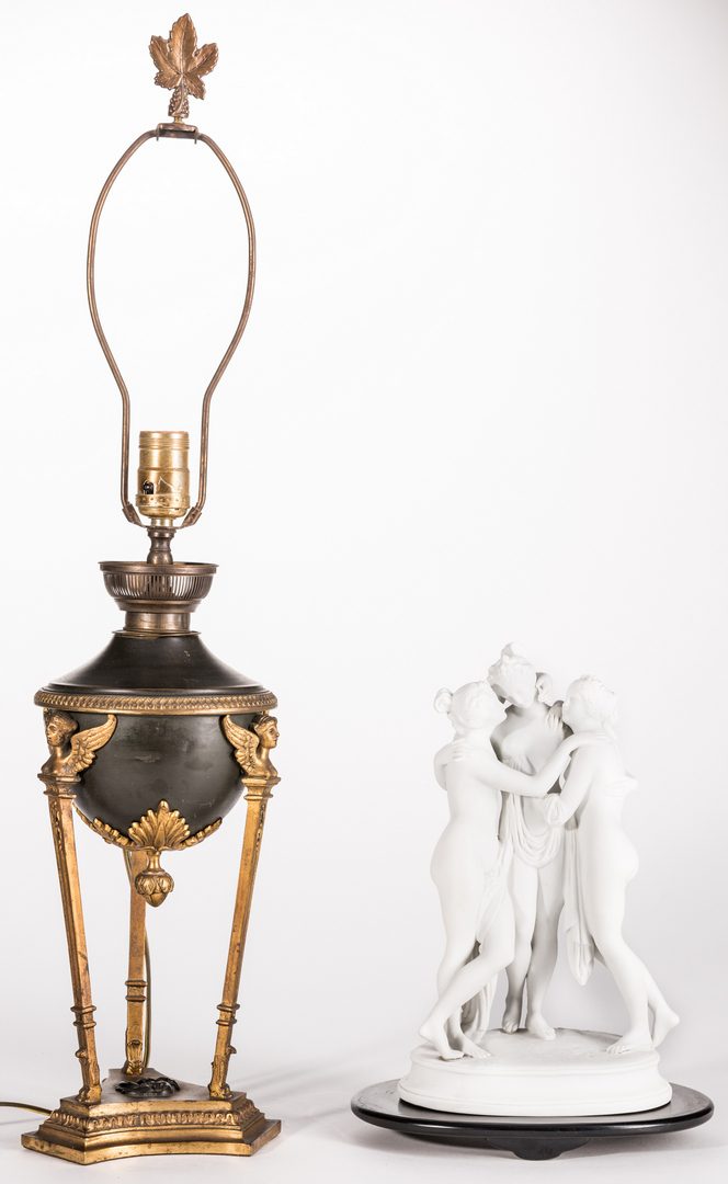 Lot 723: Bisque Porcelain Figural & French Bronze Mounted Lamp, 2 items