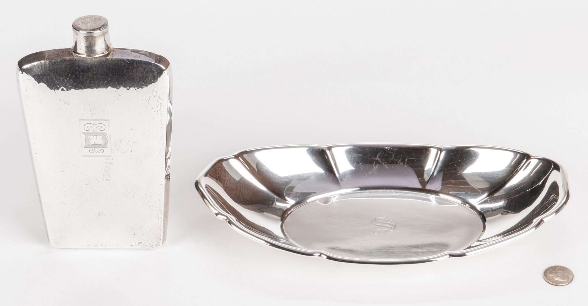 Lot 879: Sterling Flask and Bread Tray – 2 pcs