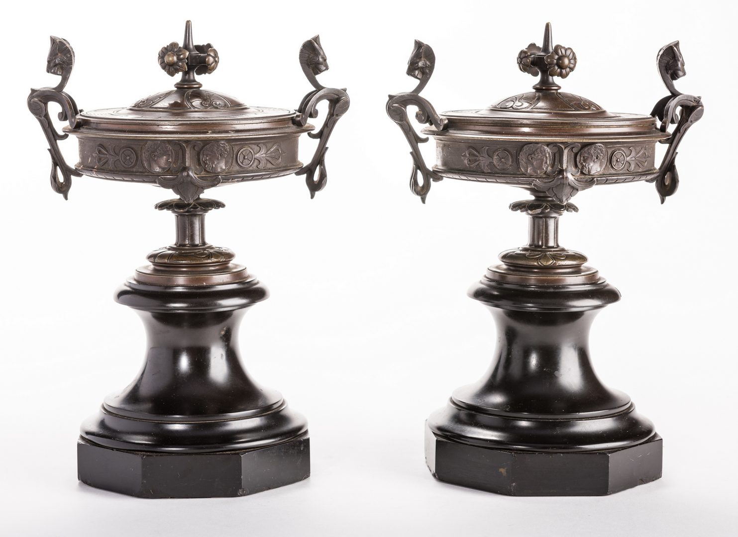 Lot 94: Pr. French Bronze Classical Urns on Marble bases