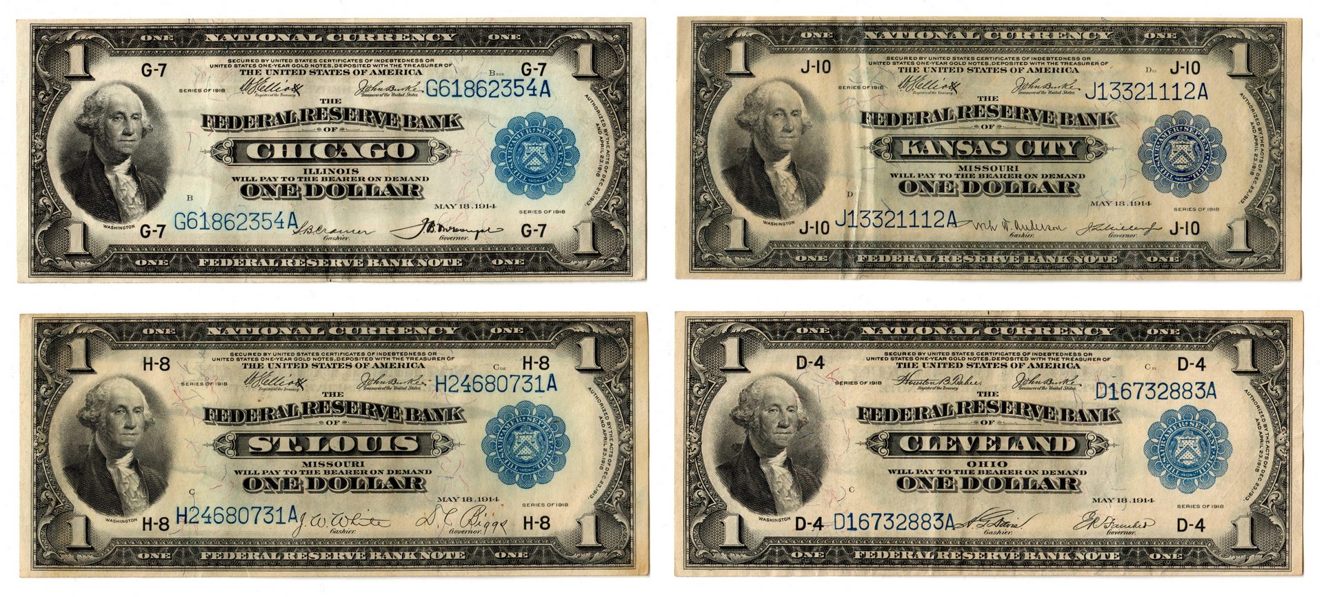 Lot 105: Midwest Group; Four $1 Blue Seal National Currency
