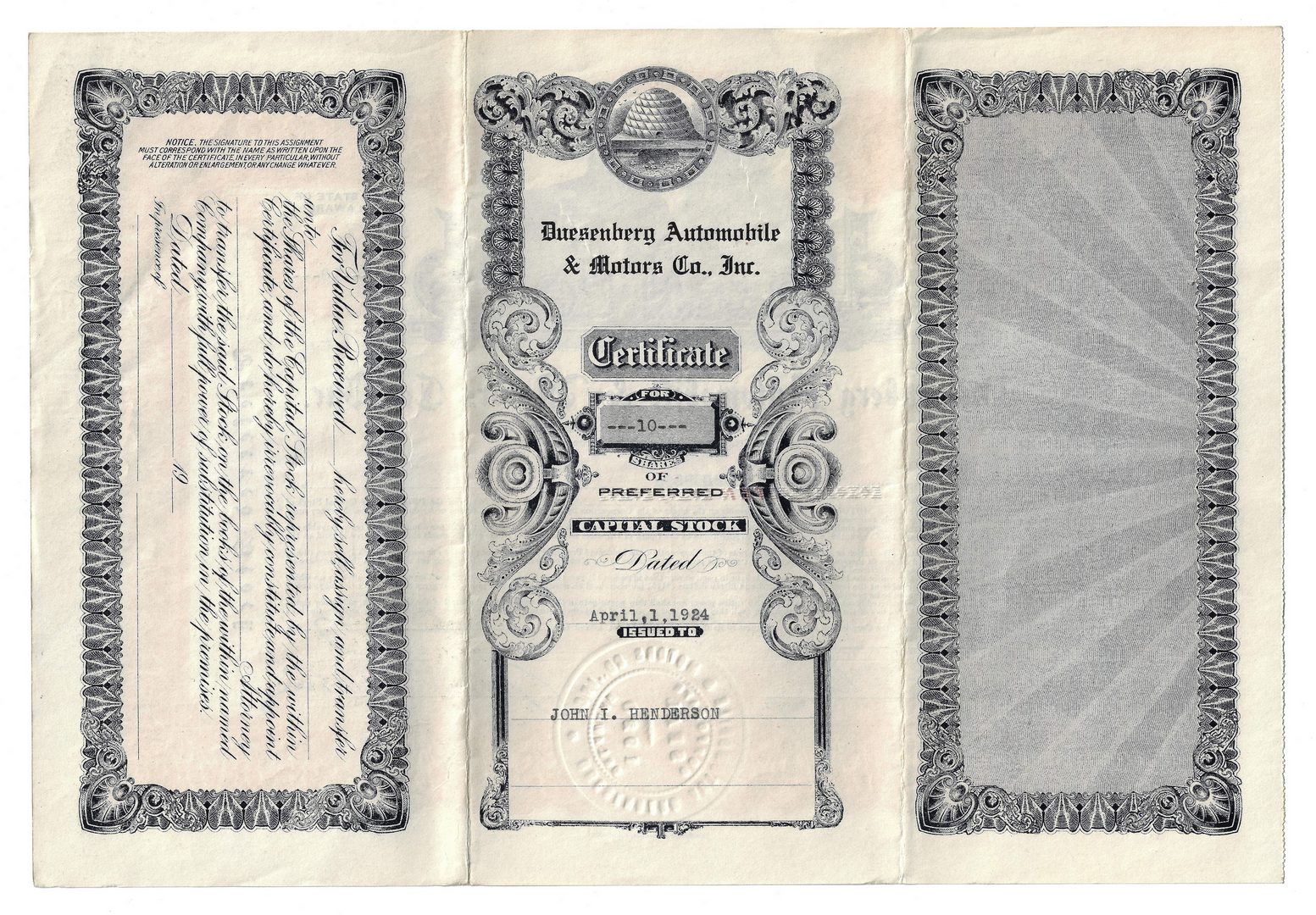 Lot 110: 14 Stock Certificates inc. Duesenberg, 18 items