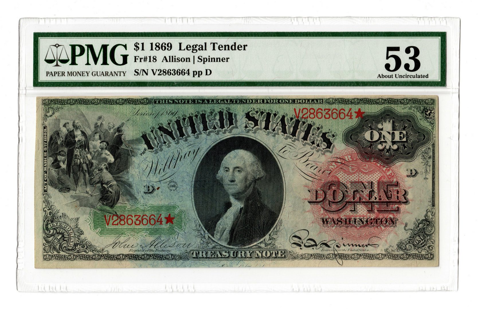 Lot 12: 1869 U.S. $1 "Rainbow" Legal Tender Note, Star