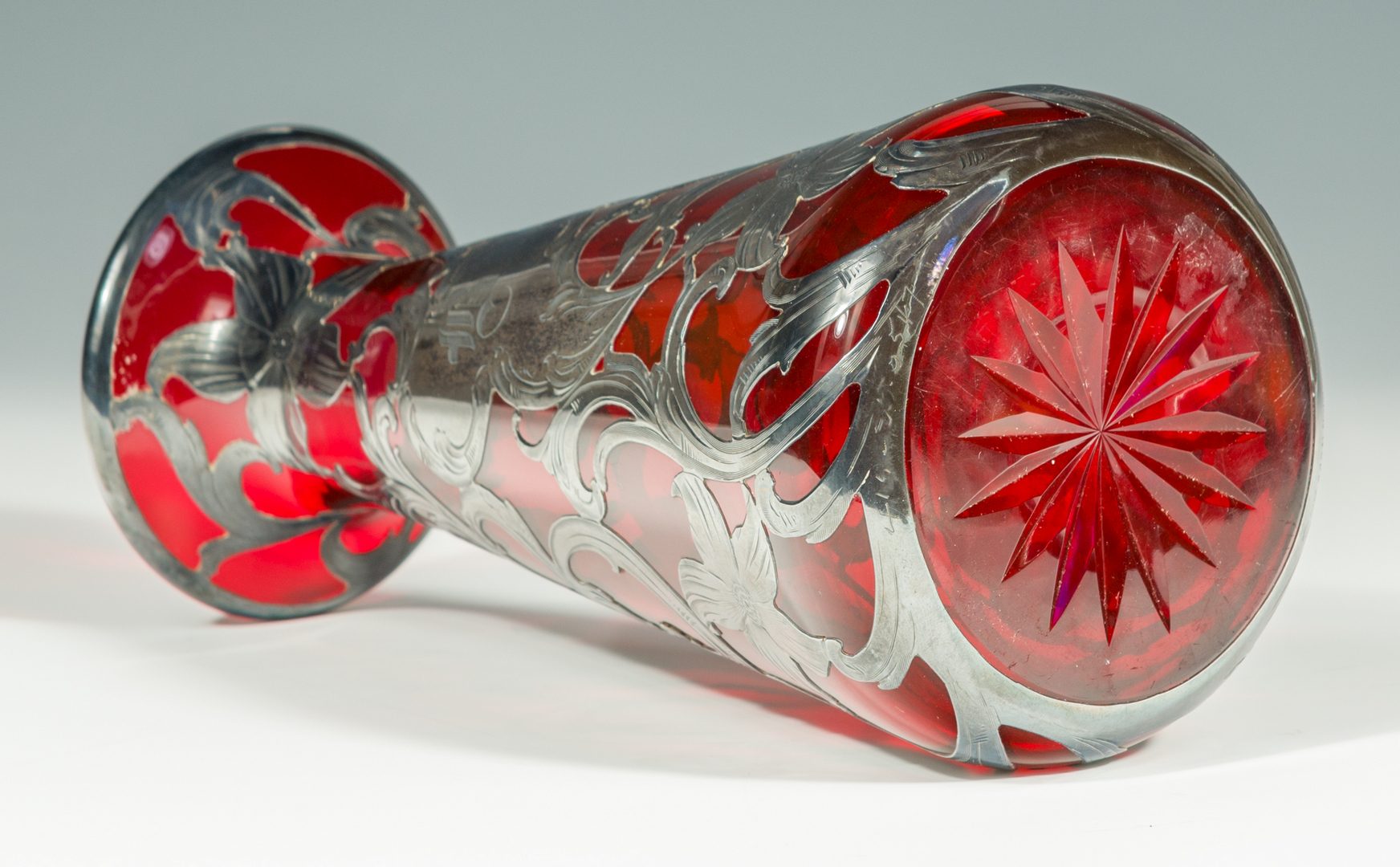 Lot 133: Ruby Glass Vase with Sterling Overlay