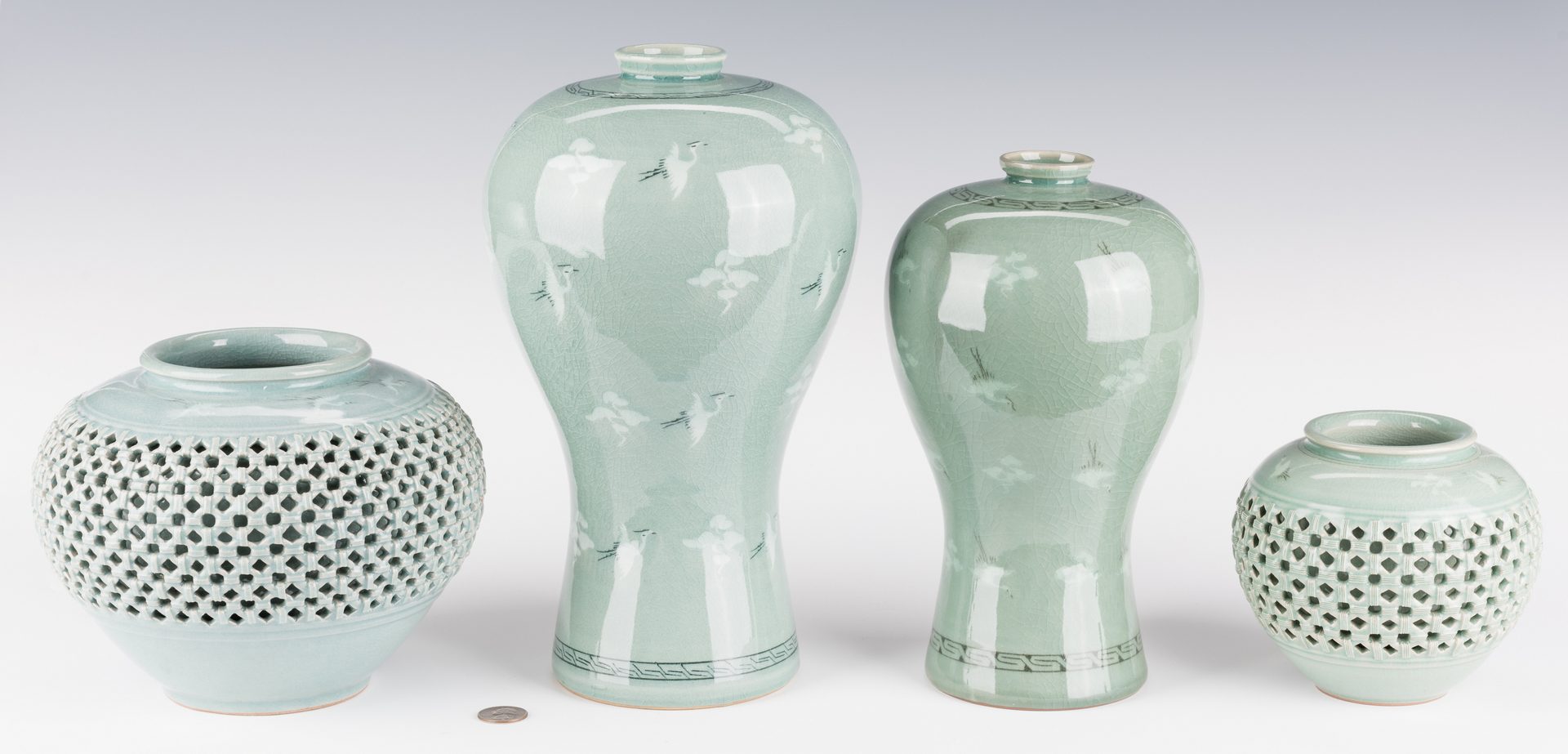 Lot 185: 4 Korean Porcelain Celadon Inlaid Vases