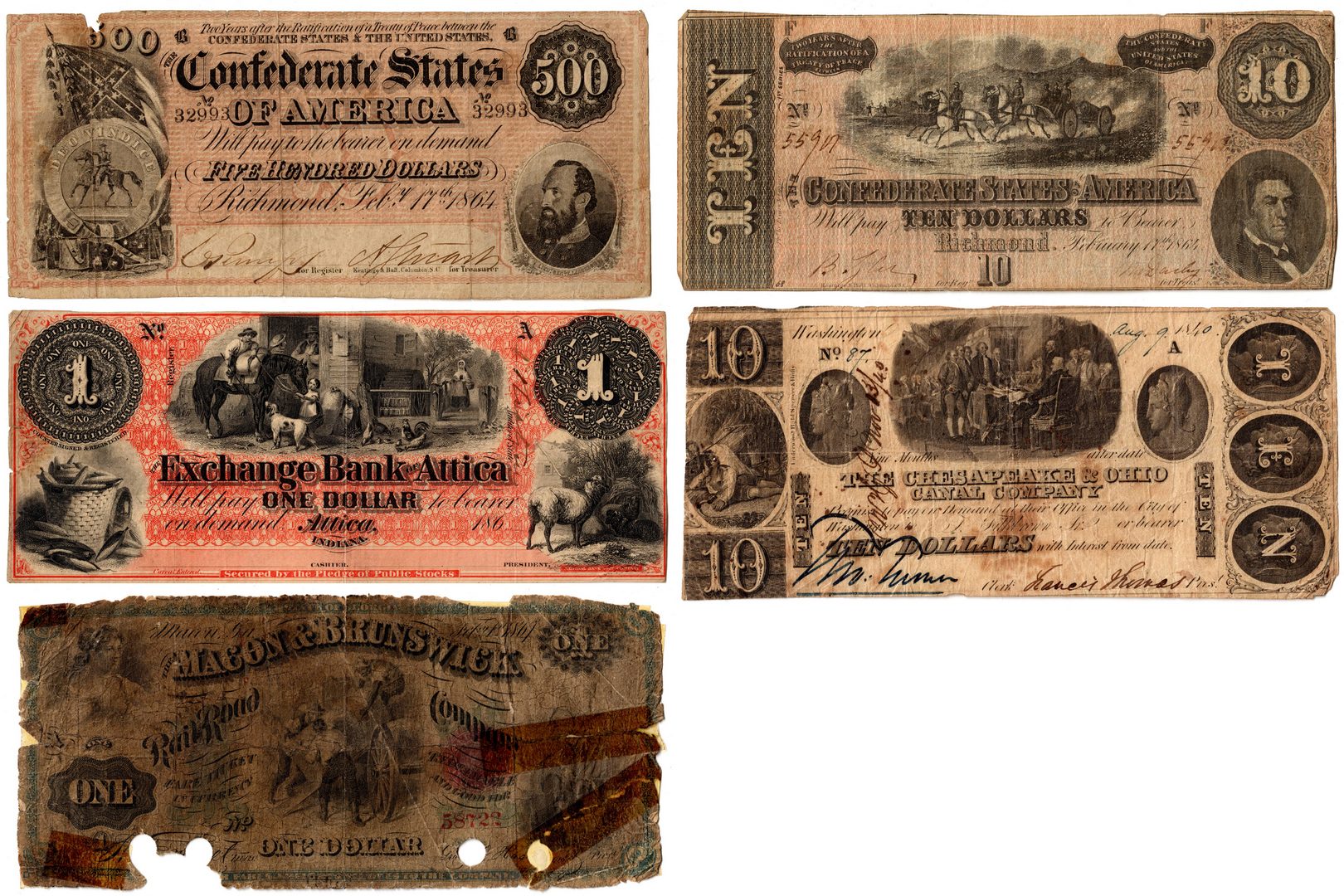 Lot 1: 2 Confederate & 3 Obsolete Banknotes