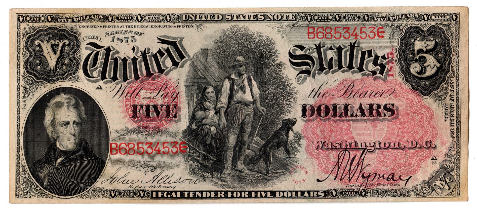 Lot 28: 1875 U.S. $5 "Woodchopper" Legal Tender Note