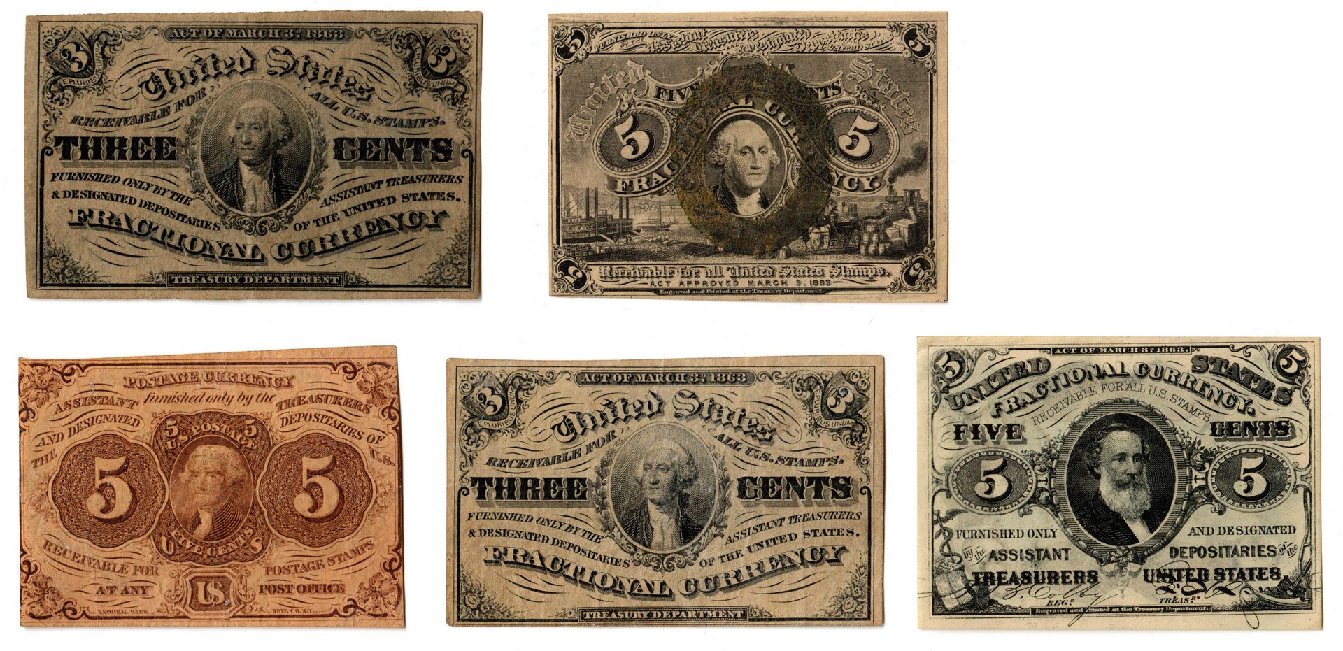 Lot 2: Group Of Five U.S. Fractional Banknotes