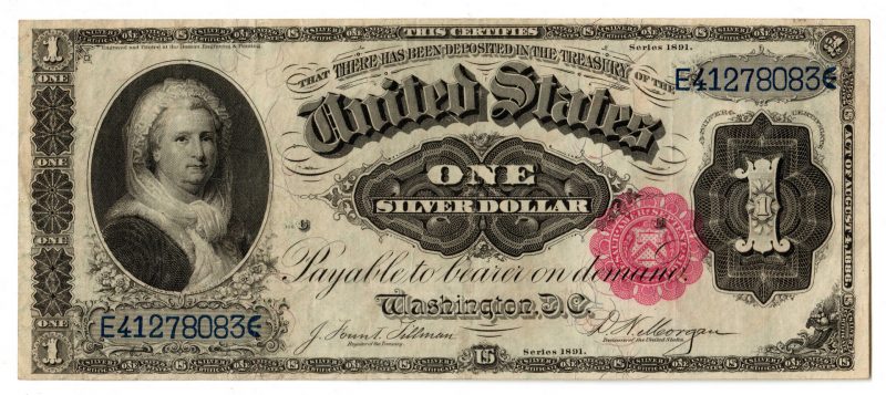 Lot 32: 1891 U.S. $1 "Martha" Silver Certificate