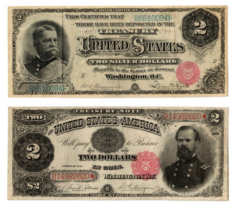Lot 33: 1886 $2 Silver Cert & 1891 $2 Treasury Note