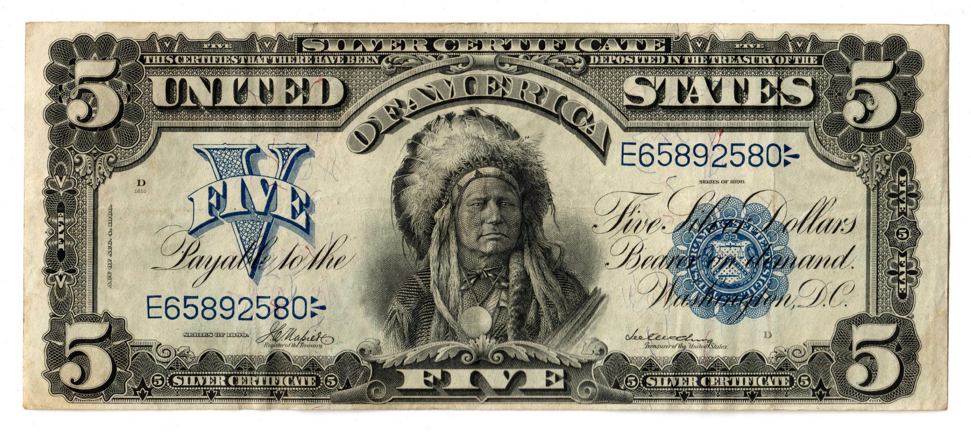 Lot 35: 1899 U.S. $5 "Indian Chief" Silver Certificate