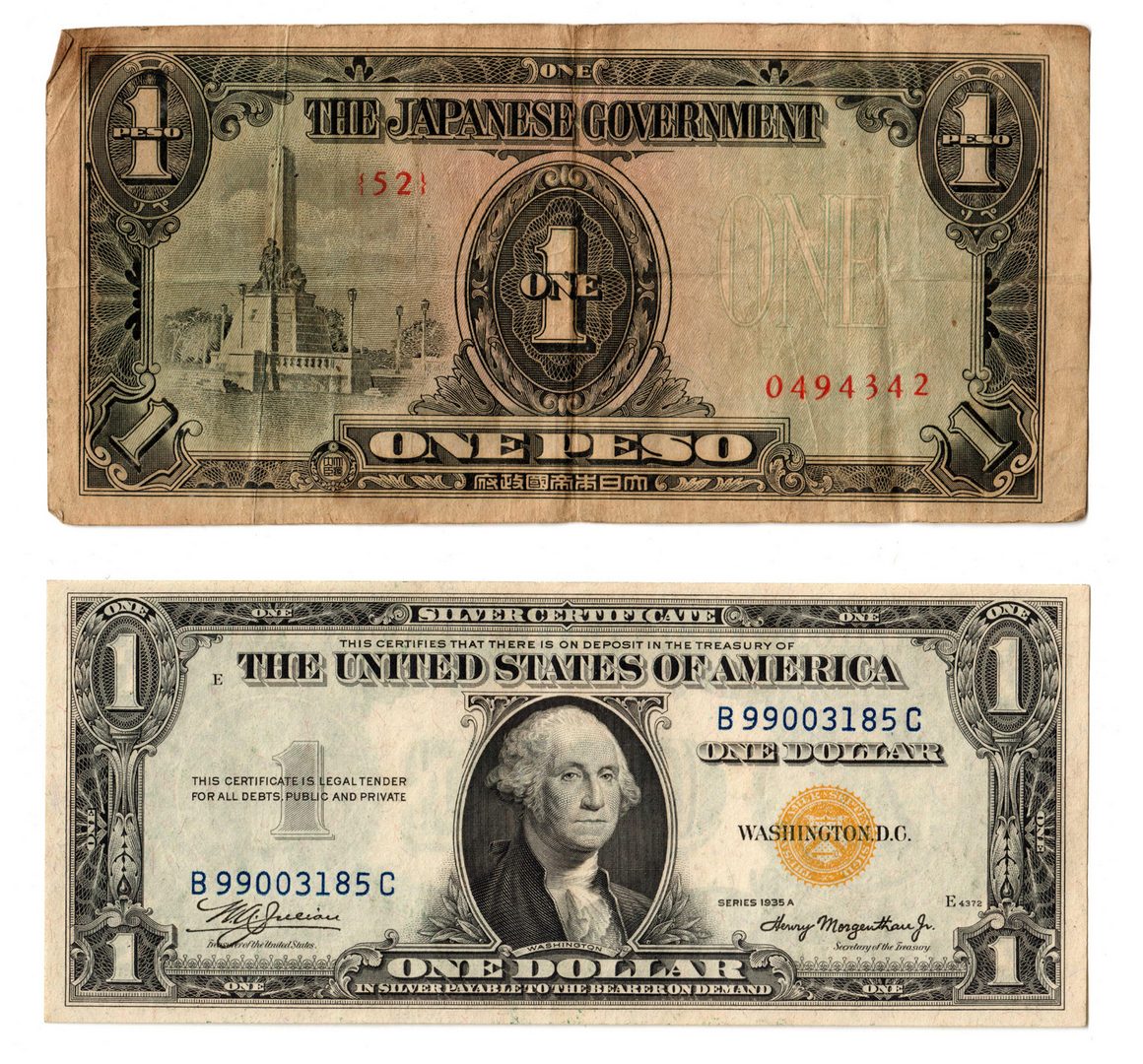 Lot 37: 1935A $1 Silver Cert, Japanese Gov't Peso, 2 items