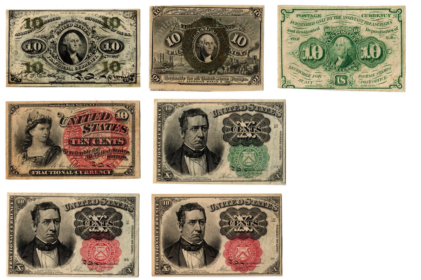 Lot 3: Group Of Seven 10 Cent U.S. Fractional Banknotes