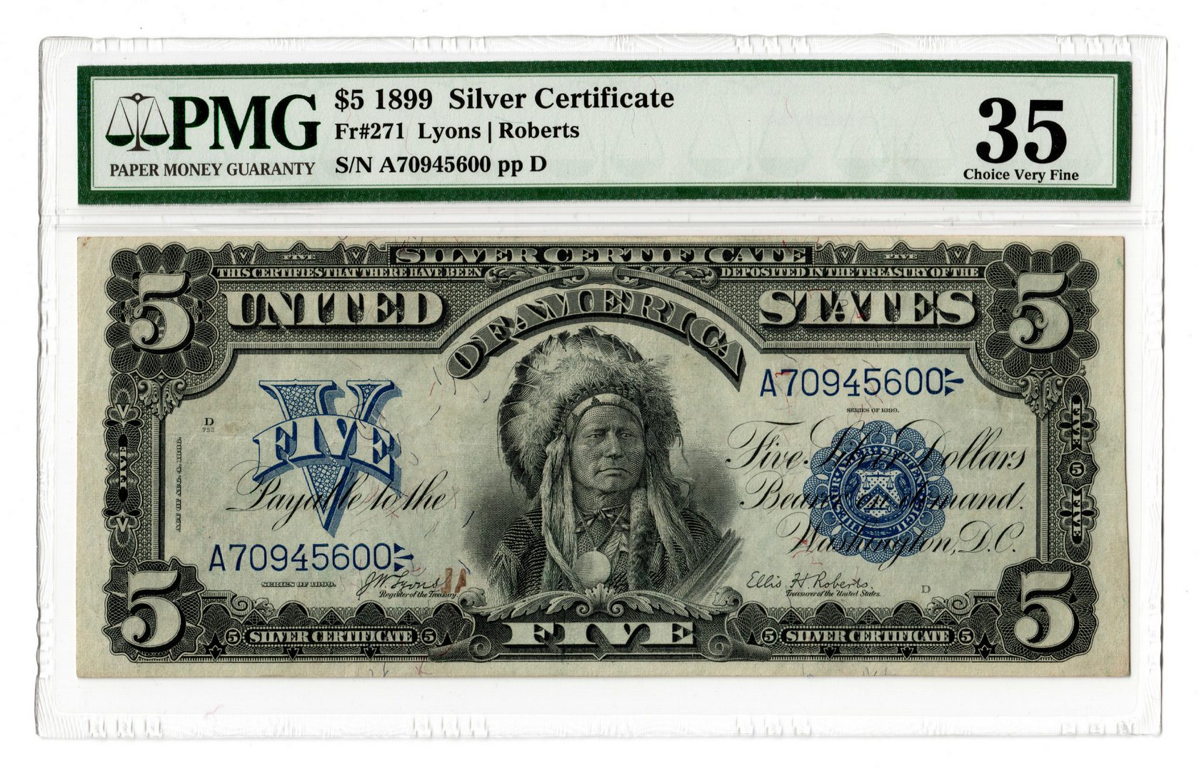 Lot 43: 1899 U.S. $5 "Indian Chief" Silver Certificate