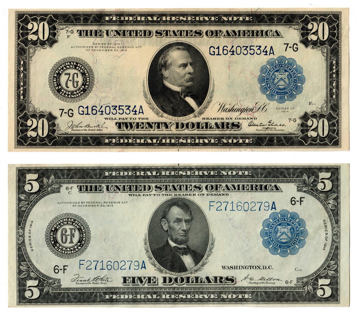 Lot 59: U.S. Blue Seal Federal Reserve Notes $20 and $5 Pa
