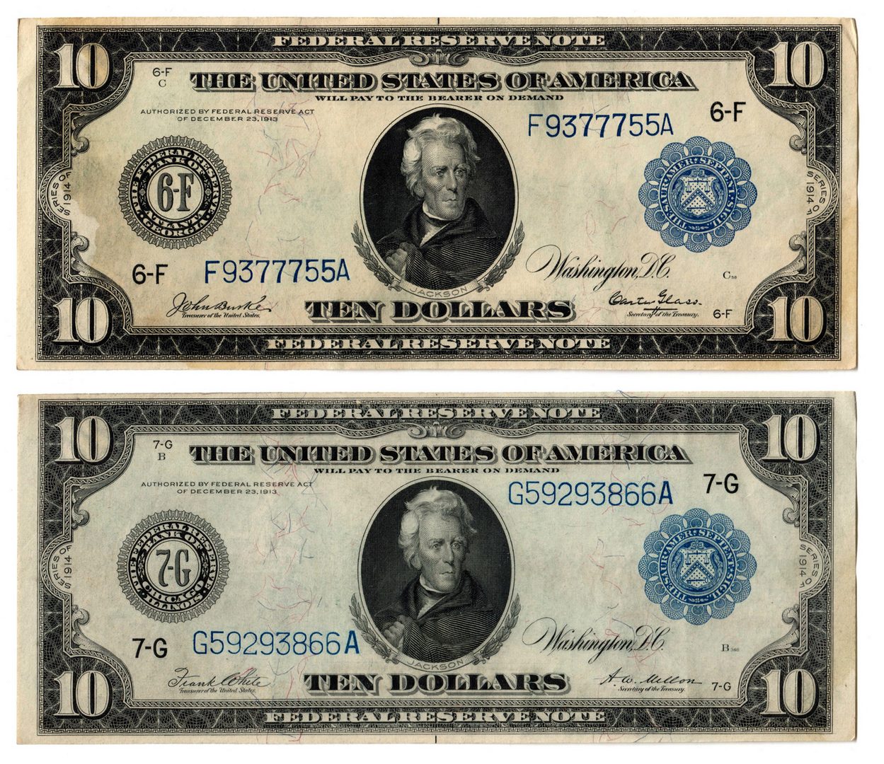 Lot 60: Two 1914 US $10 Blue Seal Federal Reserve Notes