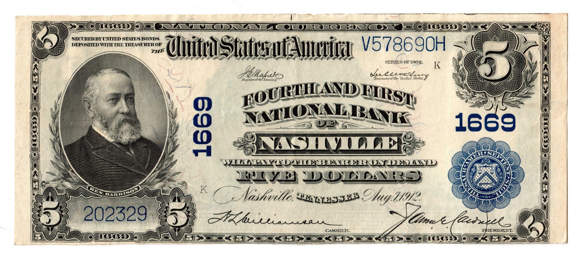 Lot 69: 1902 $5 Fourth and First National Bank, Nashville