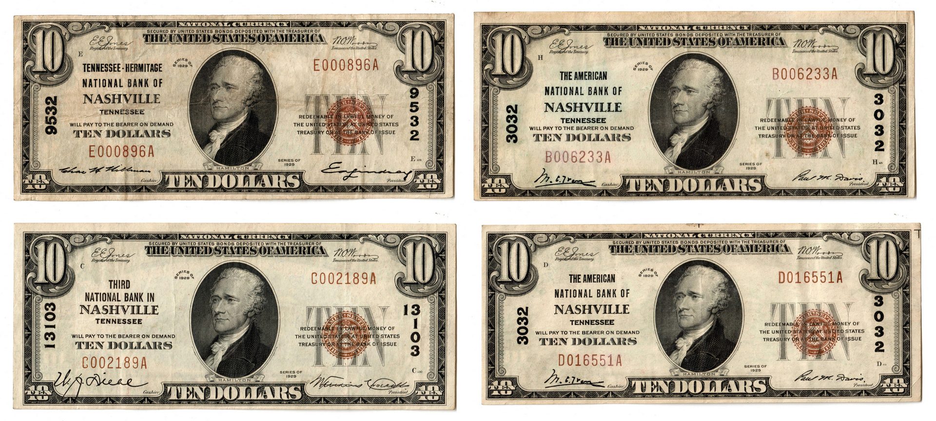 Lot 75: Four 1929 TN $10 Brown Seal National Currency Note