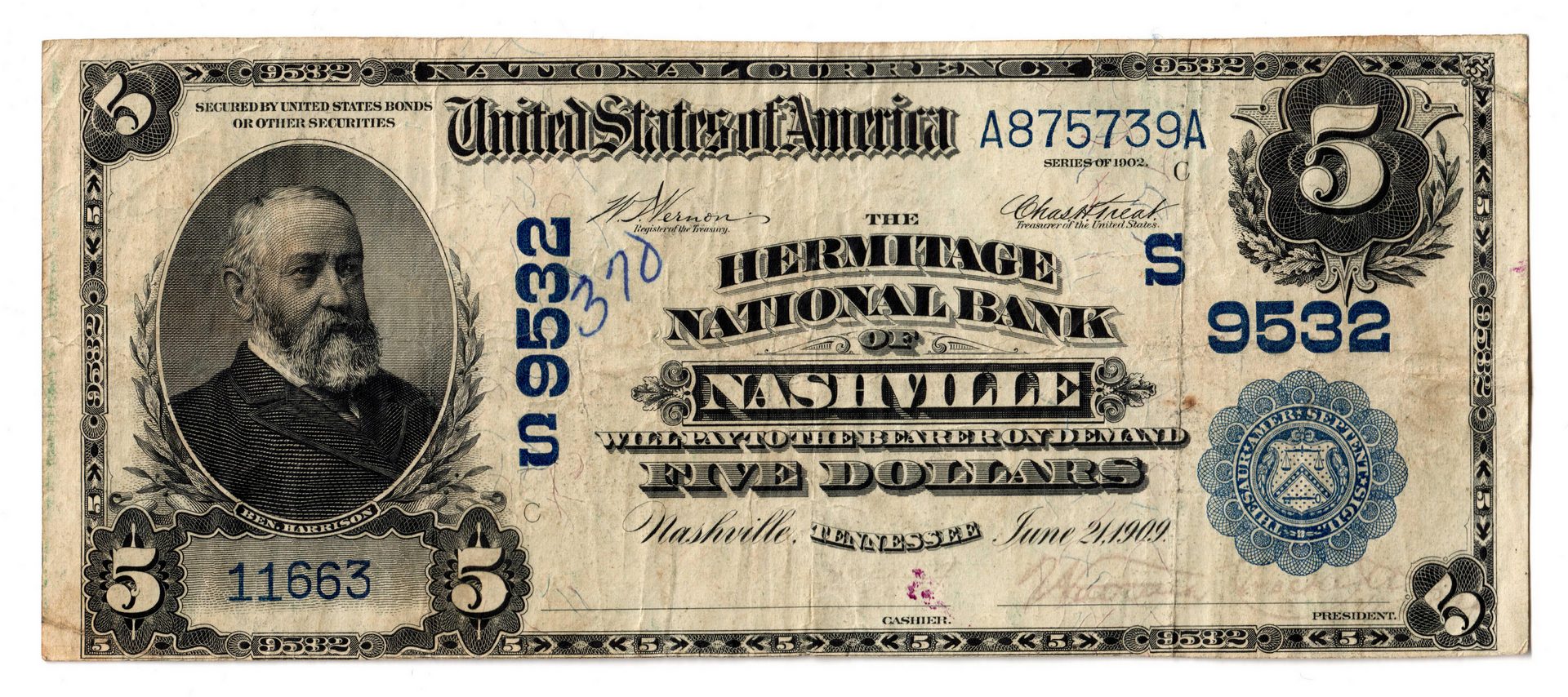 Lot 81: Two 1902 TN $5 Blue Seal National Currency Notes