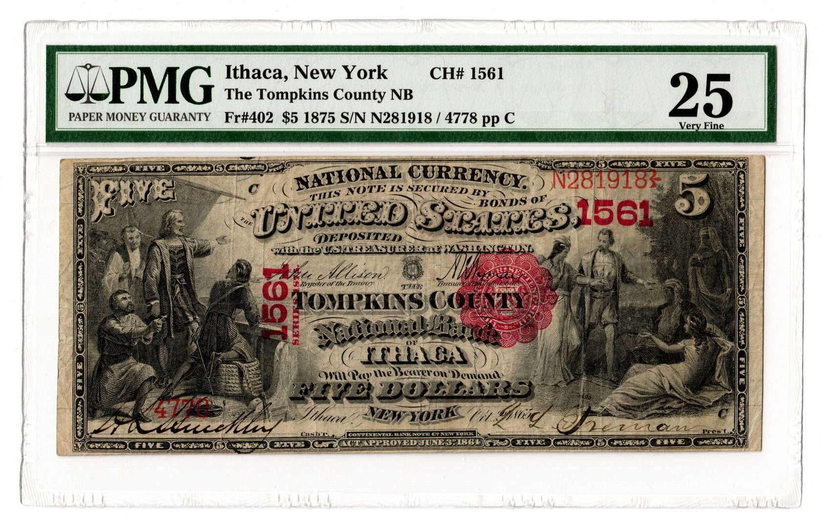 Lot 86: 1875 $5 Tompkins County National Bank of Ithaca, N