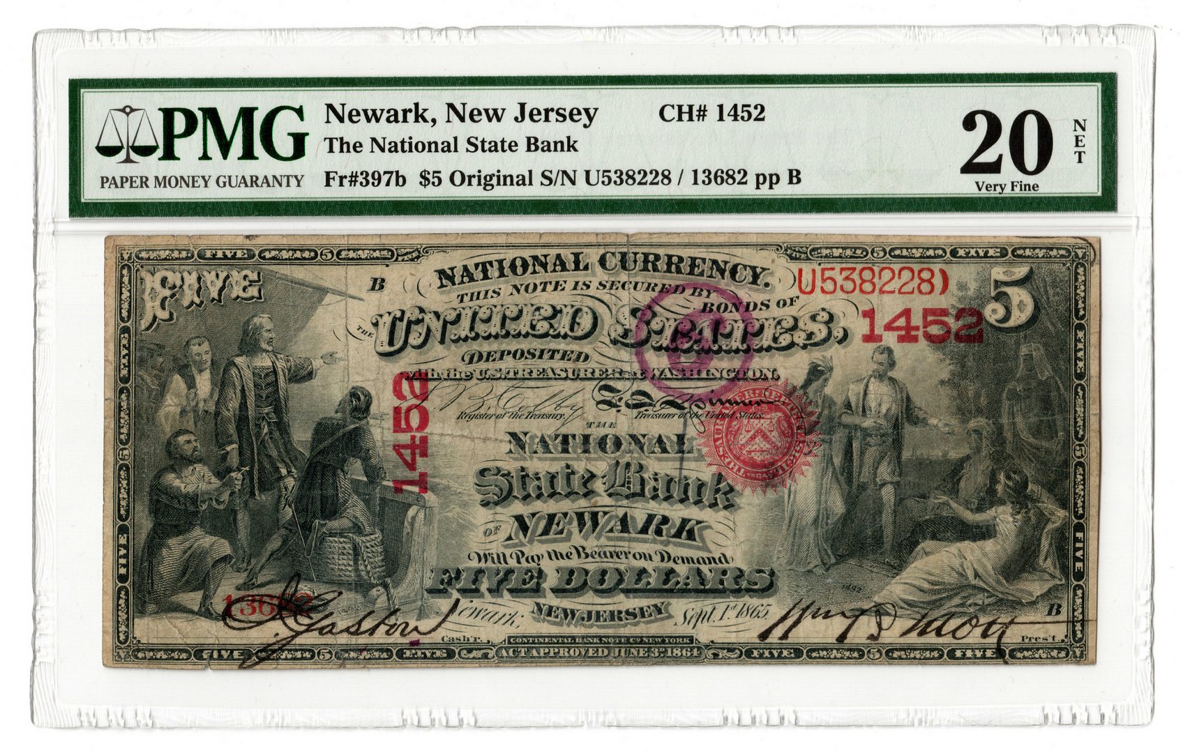 Lot 92: 1875 $5 National State Bank, Newark, NJ National B