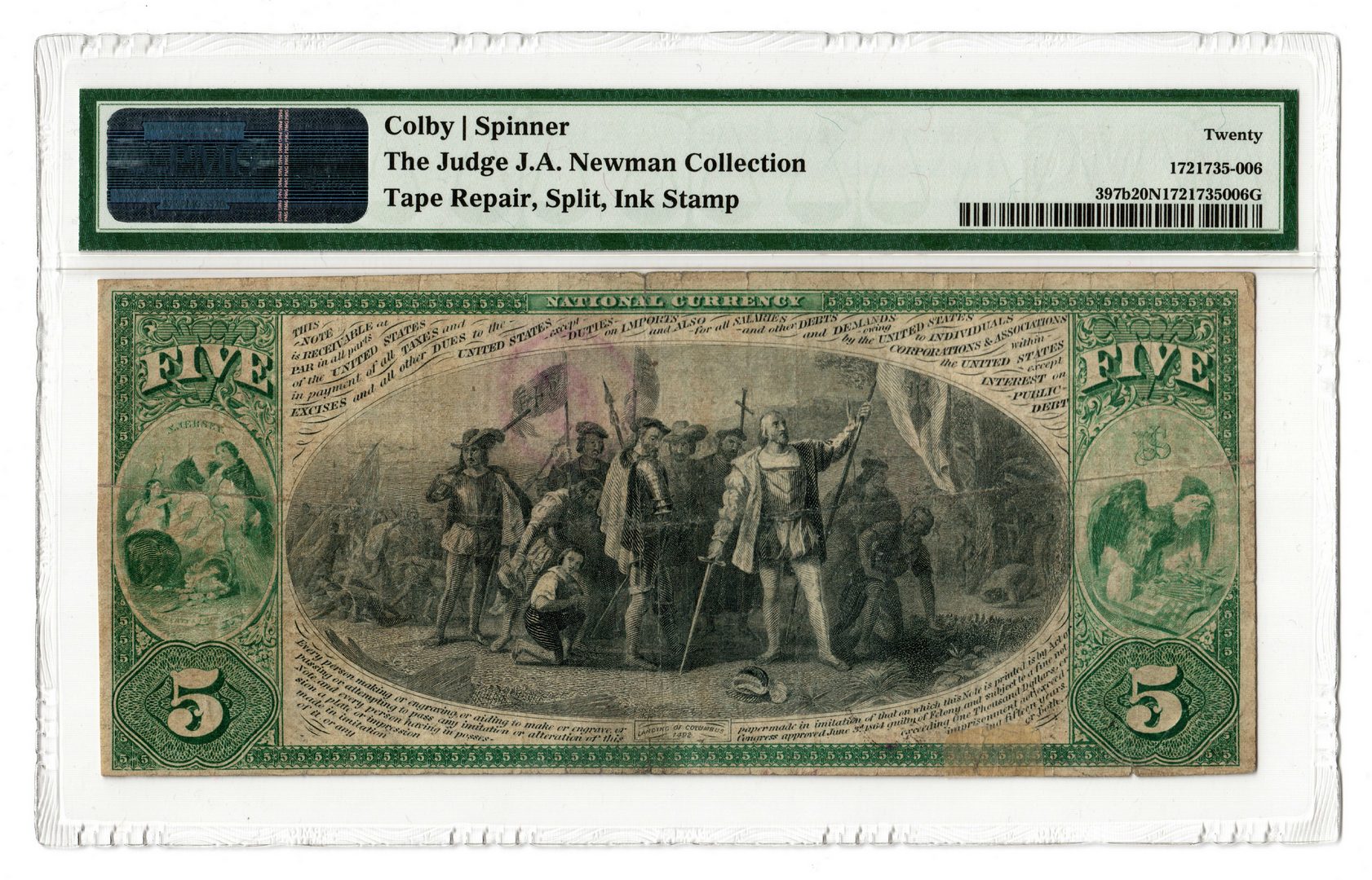 Lot 92: 1875 $5 National State Bank, Newark, NJ National B