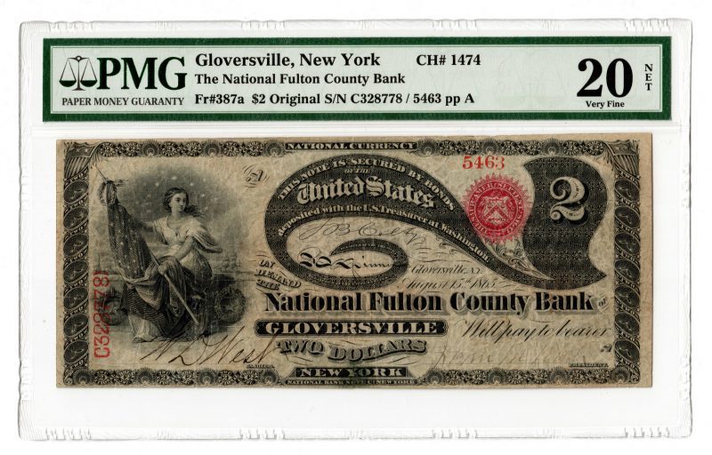 Lot 99: 1865 $2 National Fulton County Bank, Gloversville