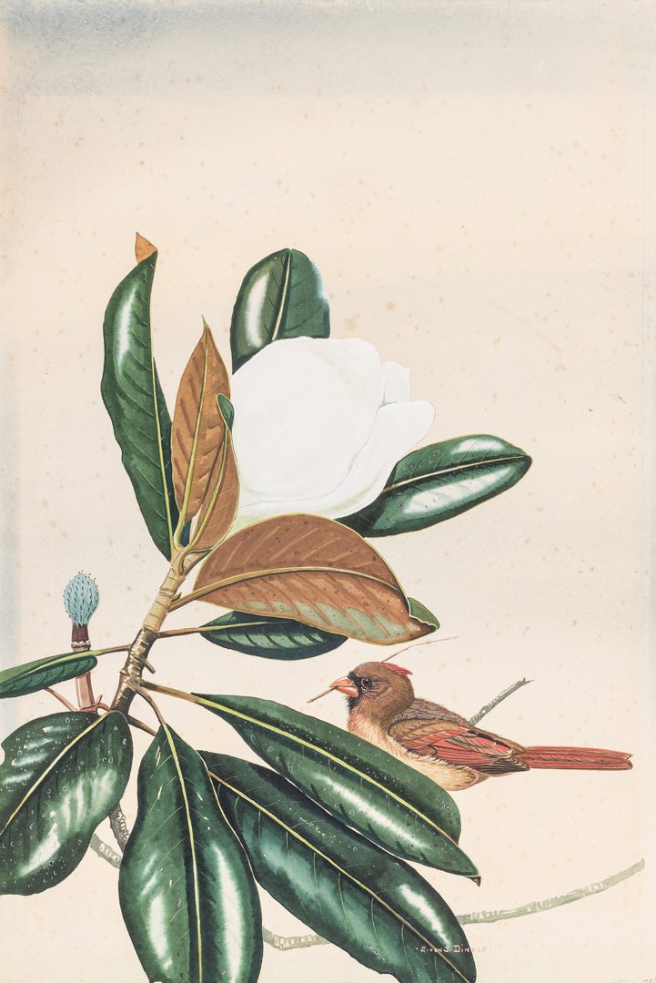 Lot 102: E. Von S. Dingle Watercolor, Cardinal & Magnolia