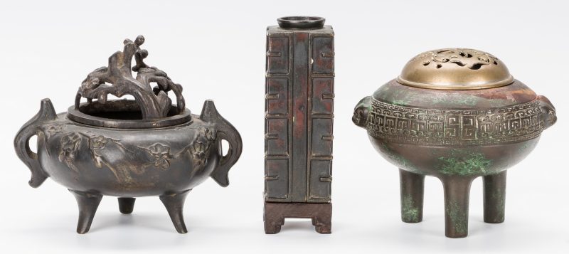 Lot 12: 3 Chinese Bronze Items: 2 Censers and 1 Vase