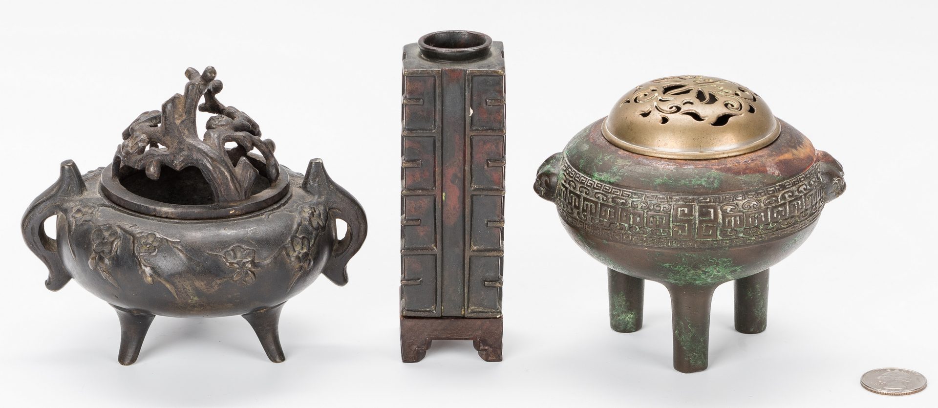 Lot 12: 3 Chinese Bronze Items: 2 Censers and 1 Vase