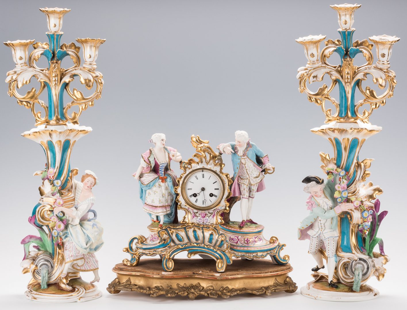 Lot 244: 3 Pc. Old Paris Garniture Set, Clock & Candelabra