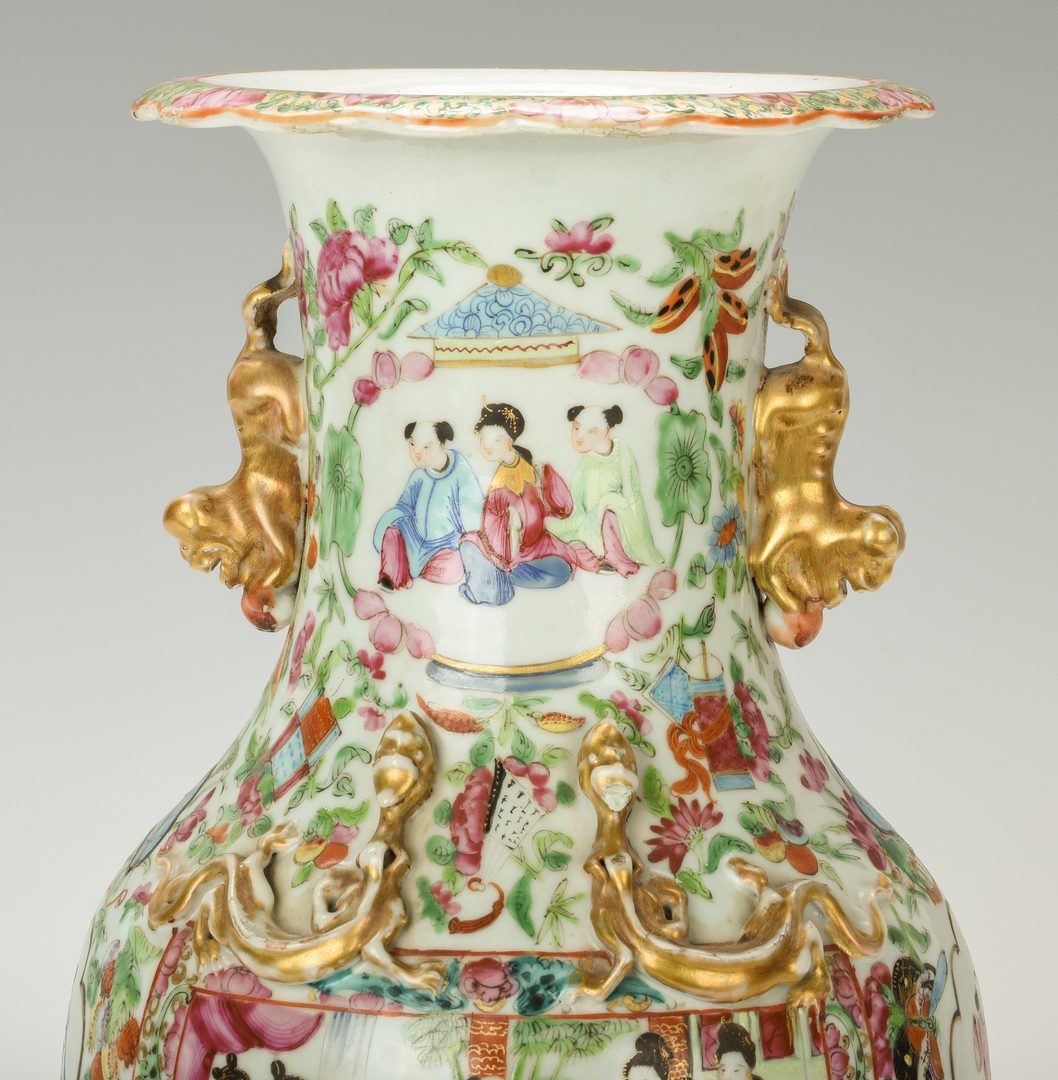 Lot 24: Pr. Chinese Export Rose Mandarin Baluster Vases
